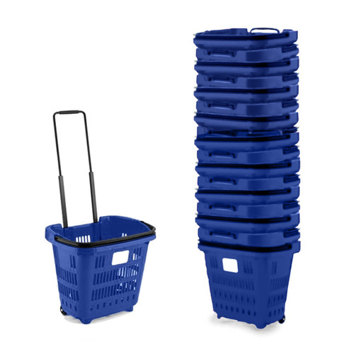 Pack of 10 Blue Plastic Shopping Basket With Wheels And Telescopic Handle - 34L