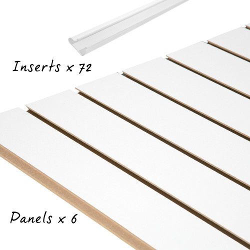 6 x White Half Size Slatwall Panels and Insert Kit - 72 Inserts