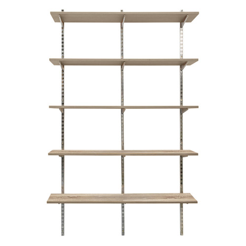 Chrome Twin Slot Shelving Kit - H1980mm, 3 Uprights & 5 Oak Wooden Shelves
