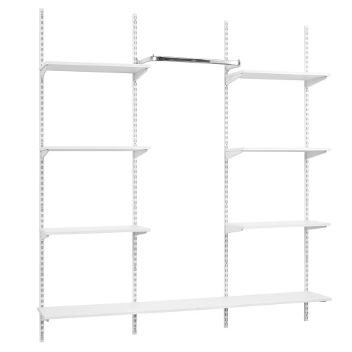 White Twin Slot Shelving Kit - H1980mm, 4 Uprights, 8 Shelves & Hanging Rail