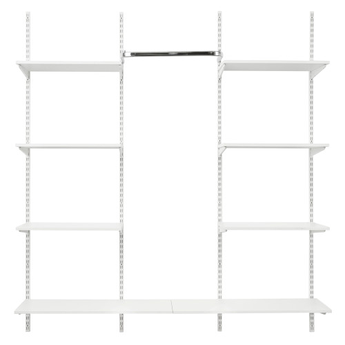 White Twin Slot Shelving Kit - H1980mm, 4 Uprights, 8 Shelves & Hanging Rail