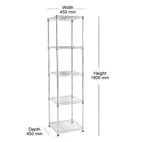 5 Tier Chrome Wire Shelving Unit - H1800 x W450 x D450mm