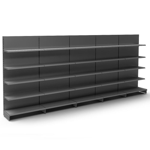 Silver Retail Wall Shelving - 5 x Bays, 20 x 370mm Shelves