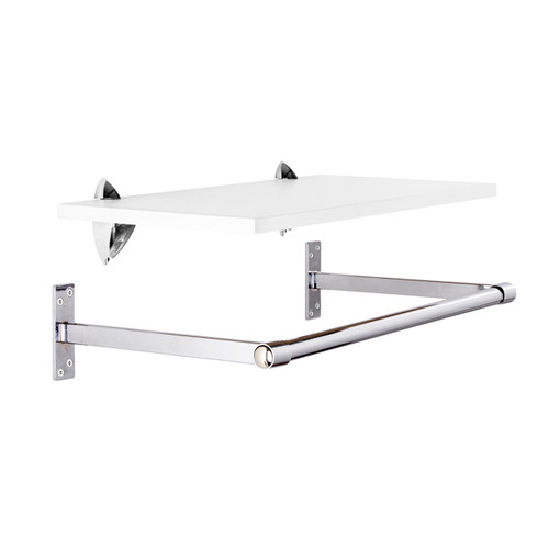 White Wall-Mounted Wooden Shelf with Hanging Rail