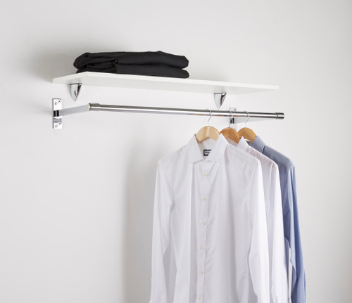 White Wall-Mounted Wooden Shelf with Hanging Rail