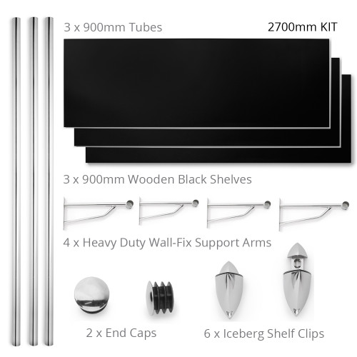 Wall-Mounted Black Wooden Shelf with Heavy Duty Hanging Rail Parts