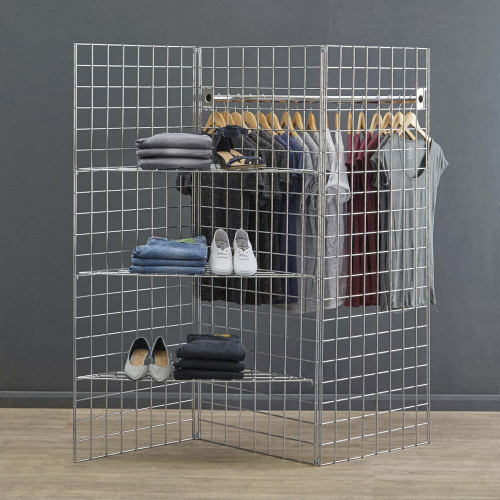 6ft Freestanding Grid Mesh Display Bundle - 3 x Panels, 2 x Hanging Rails, 4 x Wire Shelves