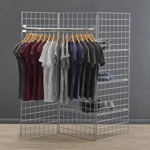 6ft Freestanding Grid Mesh Display Bundle - 3 x Panels, 2 x Hanging Rails, 4 x Wire Shelves