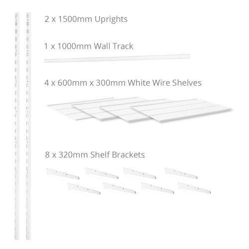 Flexx White Wire Shelf System - H1500mm - 4 Shelves