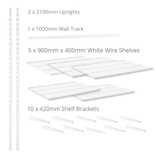 Flexx White Wire Shelf System - H2100mm - 5 Shelves