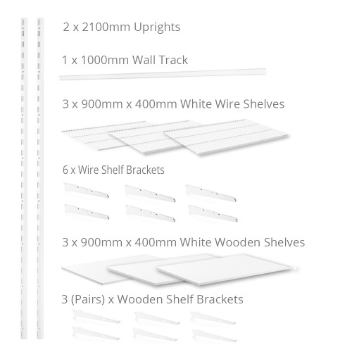 Flexx White Shelf System - H2100mm - 3x Wooden & 3x Wire Shelves