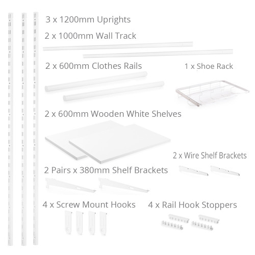 Flexx White Wooden Shelf System with Clothes Rail & Shoe Rack- H1200mm