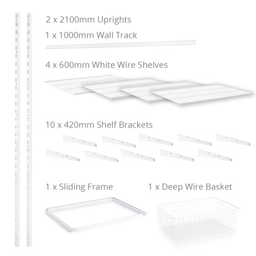 Flexx White Wire 4 Shelf System with Basket- H2100mm