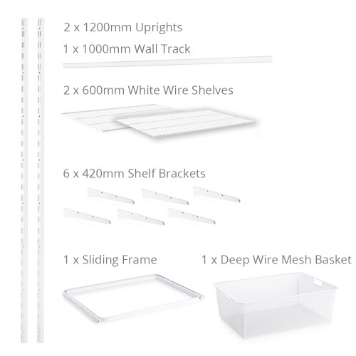 Flexx White Wire 2 Shelf System with Wire Mesh Basket- H1200mm