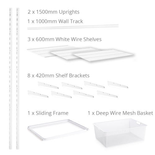 Flexx White Wire 3 Shelf System with Wire Mesh Basket- H1500mm
