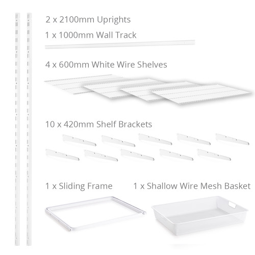 Flexx White Wire 4 Shelf System with Wire Mesh Basket- H2100mm