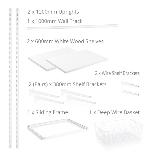 Flexx White Wooden 2 Shelf System with Basket- H1200mm