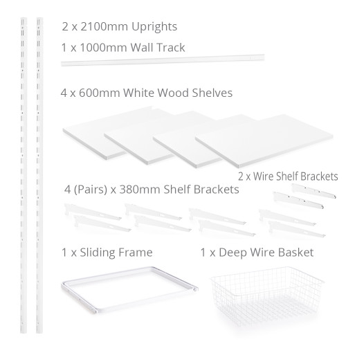 Flexx White Wooden 4 Shelf System with Basket- H2100mm