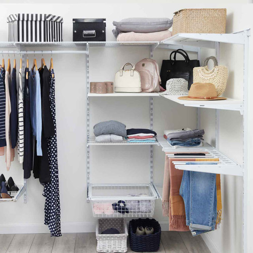 Flexx White Wooden 4 Shelf System with Basket- H2100mm