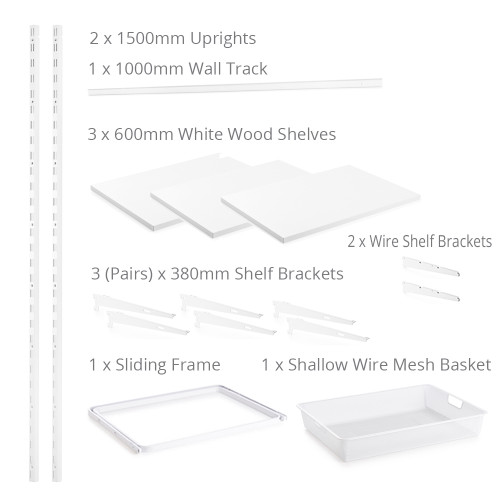 Flexx White Wooden 3 Shelf System with Wire Mesh Basket- H1500mm
