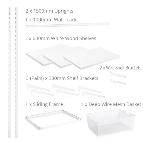 Flexx White Wooden 3 Shelf System with Wire Mesh Basket- H1500mm
