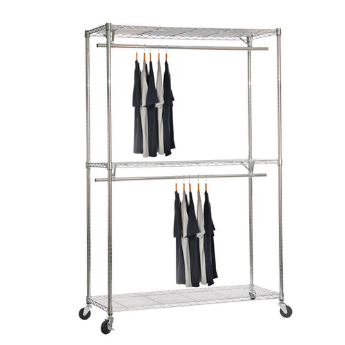 Chrome Wire Clothes Rack with Wheels - 2 x Rail & 3 x Shelves - H2100 x D450mm