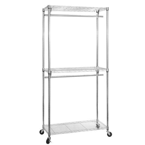 Chrome Wire Clothes Rack with Wheels - 2 x Rail & 3 x Shelves - H2100 x D450mm