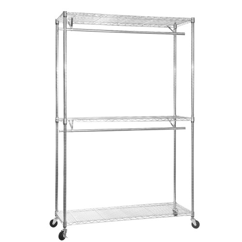 Chrome Wire Clothes Rack with Wheels - 2 x Rail & 3 x Shelves - H2100 x D450mm