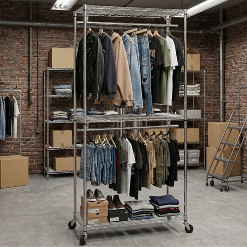 Chrome Wire Clothes Rack with Wheels - 2 x Rail & 3 x Shelves - H2100 x D450mm