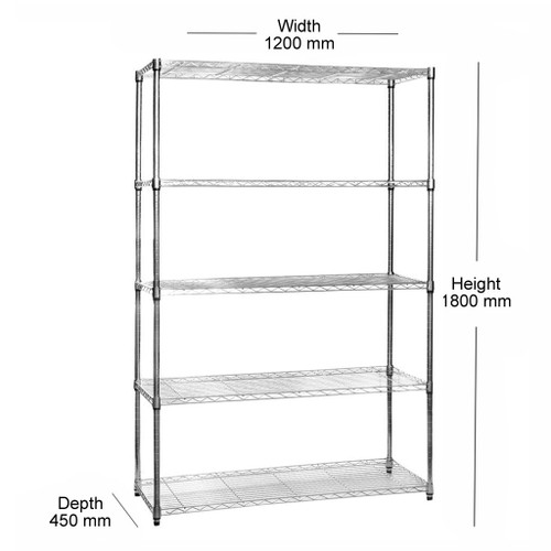 5 Tier Chrome Wire Shelving Unit - H1800 x W1200 x D450mm
