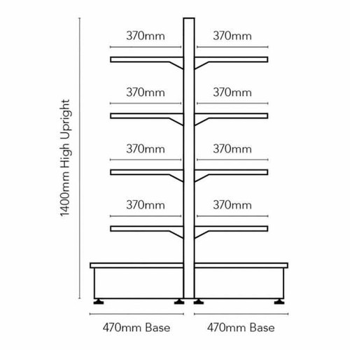 Silver Retail Shelving Modular Gondola Unit - 8 x 370mm Shelves - H1400mm