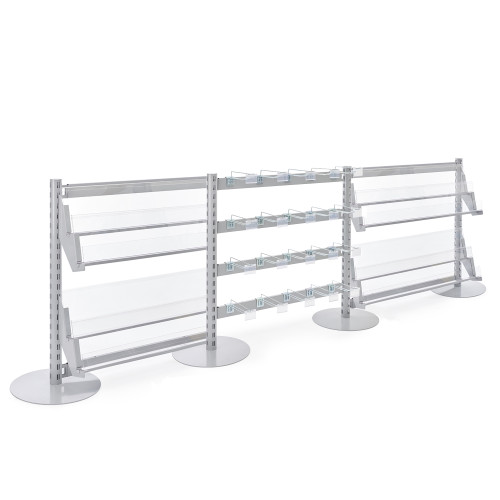 3 x Single Sided In-Queue Merchandising Bays with Magazine Shelves and Hooks