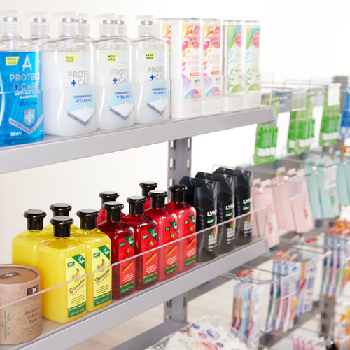 3 x Single Sided In-Queue Merchandising Bays with Magazine Shelves and Hooks