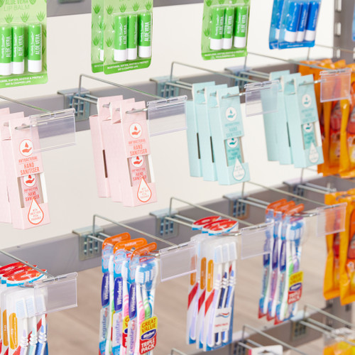 3 x Double Sided In-Queue Merchandising Bays with Magazine Shelves and Hooks, Bin, 2 Bowls and Header Frame