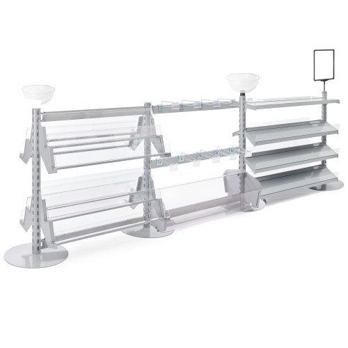 3 x Double Sided In-Queue Merchandising Bays with Magazine Shelves and Hooks, Bin, 2 Bowls and Header Frame