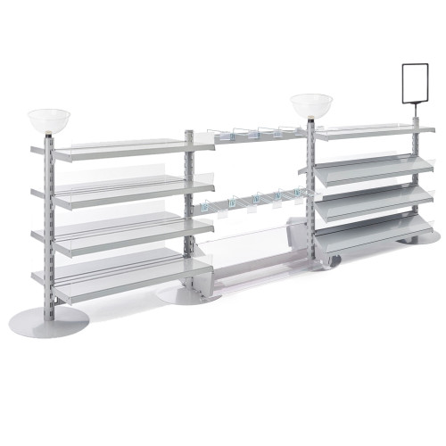 3 x Double Sided In-Queue Merchandising Bays with Shelves and Hooks, Bin, 2 Bowls and Header Frame