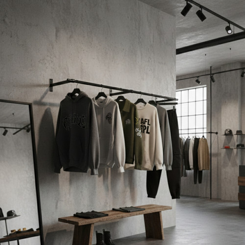 2m Black Wall-Mounted Hanging Clothes Rail with 3 Support Arms