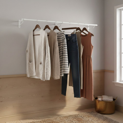 2m White Heavy Duty Wall-Mounted Hanging Clothes Rail with 3 Support Arms