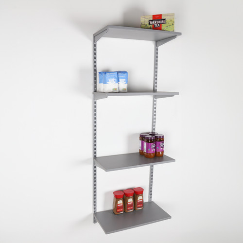Silver Twin Slot Shelving Kit - H1600mm - 4 Dark Grey Wooden Shelves Silver Twin Slot Shelving Kit - H1600mm - 4 Dark Grey Wooden Shelves