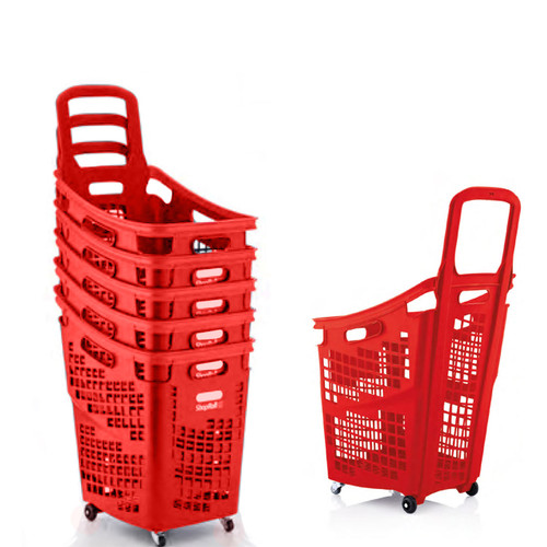 Pack of 6 Large Red Plastic Shopping Basket With Wheels And Fixed Handle - 65L