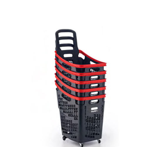 Pack of 6 Large Black/Red Plastic Shopping Basket With Wheels And Fixed Handle - 65L