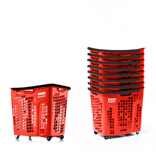 Pack of 9 Extra Large Red Plastic Shopping Basket With Black Handle and Wheels - 80L
