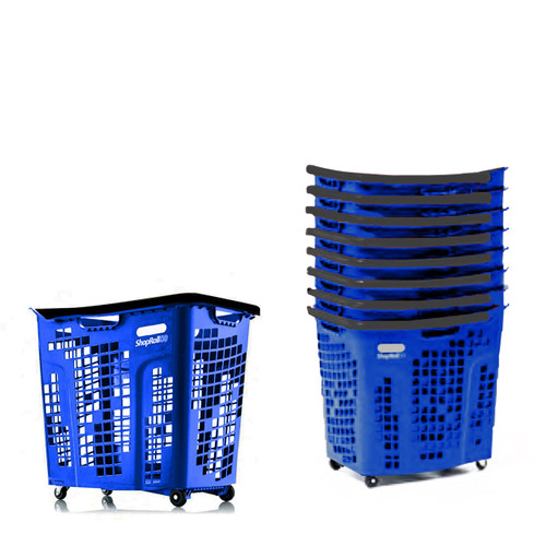 Pack of 9 Extra Large Blue Plastic Shopping Basket With Black Handle and Wheels - 80L