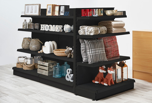 Black Retail Gondola Shelving - 2 x H1800 x W1000mm Bays - 16 Shelves