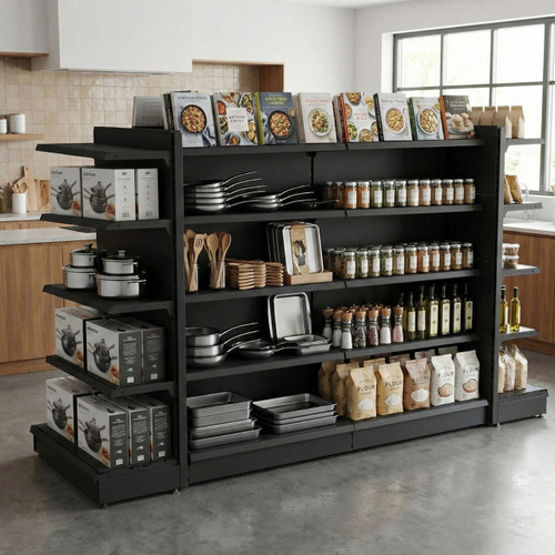 Black Retail Gondola Shelving - 2 x H1800 x W1250mm Bays & 2 x End Bays - 24 Shelves