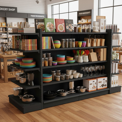 Black Retail Gondola Shelving - 2 x H1800 x W1250mm Bays & 2 x End Bays - 24 Shelves