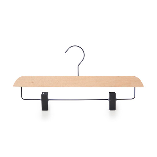 Natural Beech Wood Ultra-Slim Straight Trouser Hangers with Black Hook & Clips