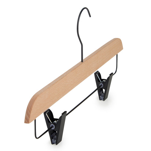 Natural Beech Wood Ultra-Slim Straight Trouser Hangers with Black Hook & Clips