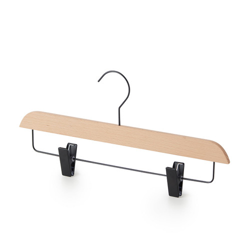 Natural Beech Wood Ultra-Slim Straight Trouser Hangers with Black Hook & Clips