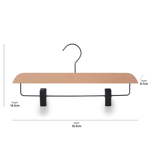 Natural Beech Wood Ultra-Slim Straight Trouser Hangers with Black Hook & Clips